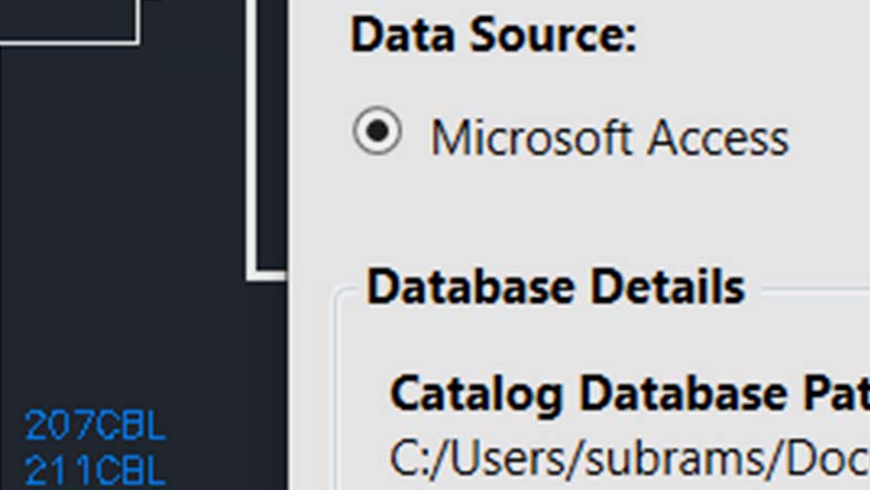 Screenshot detail showing "Data Source: Microsoft Access" and "Catalog Database Path" with a file path displayed.
