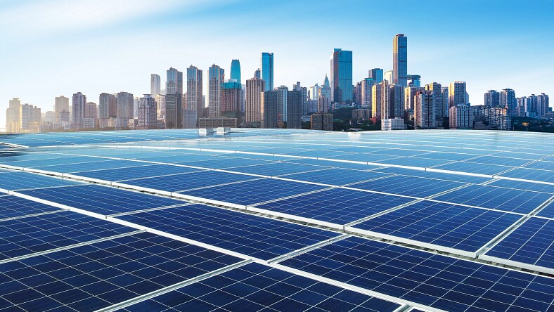 Photovoltaic and modern city skyline