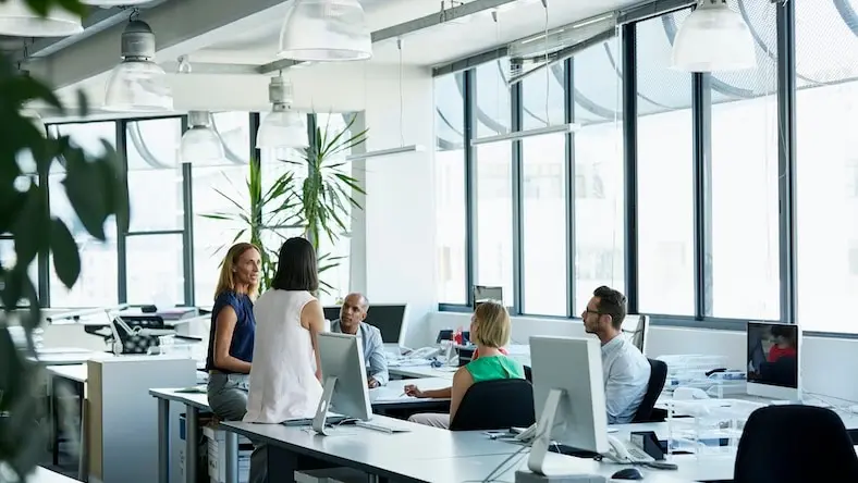 A team of professionals are talking in a bright office.