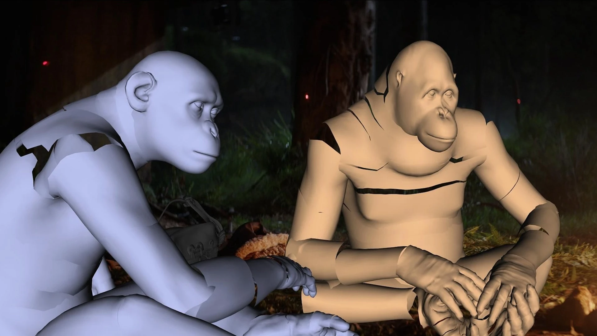 Eine unbearbeitete Aufnahme von den Dreharbeiten zu „Planet der Affen: New Kingdom“ zeigt 3D-Gitternetze von Affen, die auf die menschlichen Schauspieler modelliert wurden.