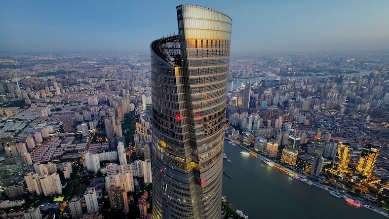 An aerial view shows the top floors of Shanghai Tower.