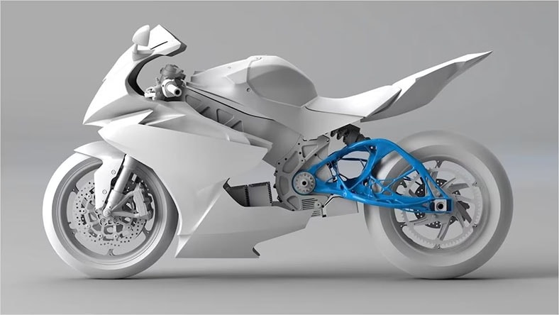 A model of a motorcycle is pure white with a few colorful highlighted parts.