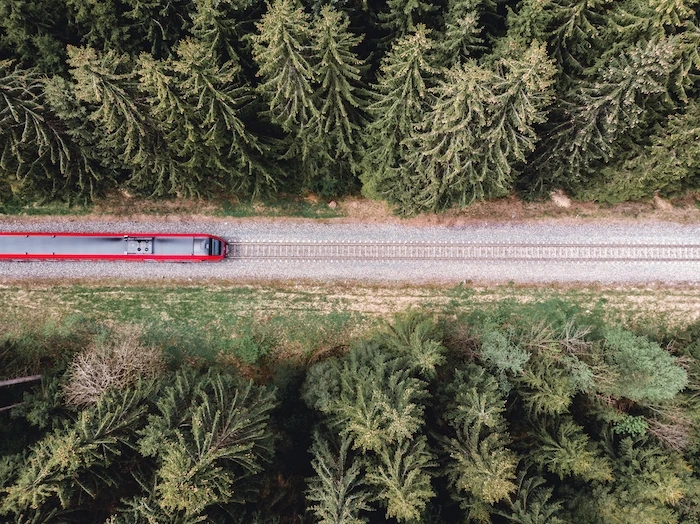 Aerial view of a train on a track