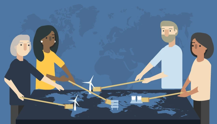 Illustration of people moving models of wind turbines, solar panels, and nuclear power plants around a table displaying a world map.