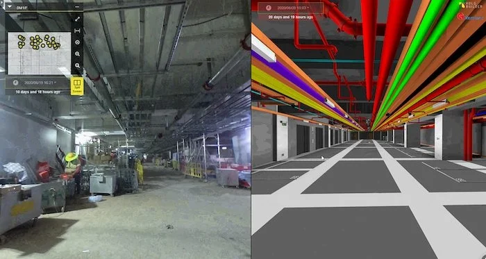 a mobile app rendering, alongside real image, of pipes inside hong kong advanced manufacturing centre