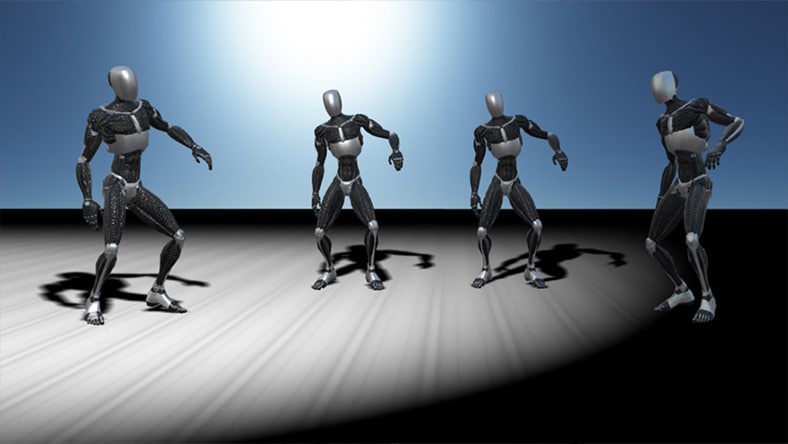 A 3D rendering of several human-shaped character armatures.