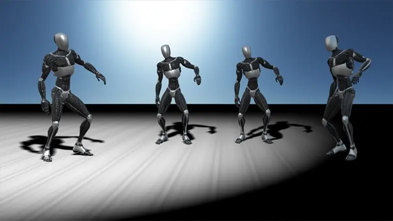 A 3D rendering of several human-shaped character armatures.