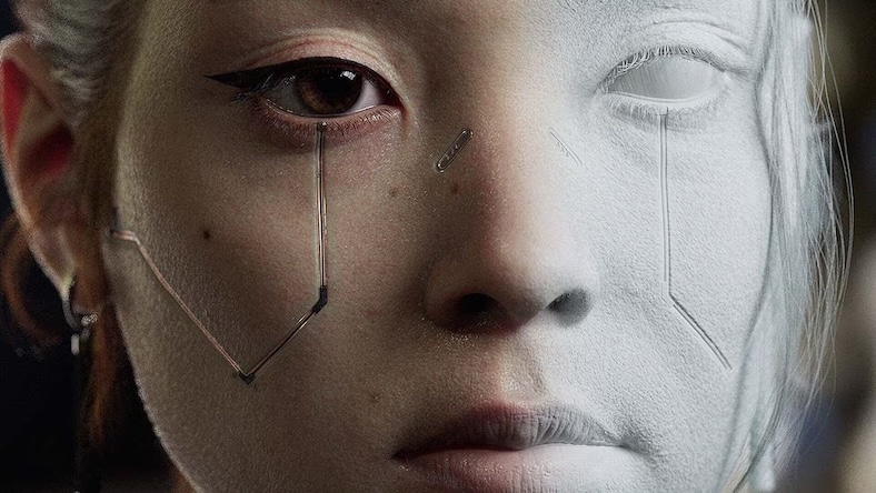 A rendered Asian woman’s face features hyper-realistic details.