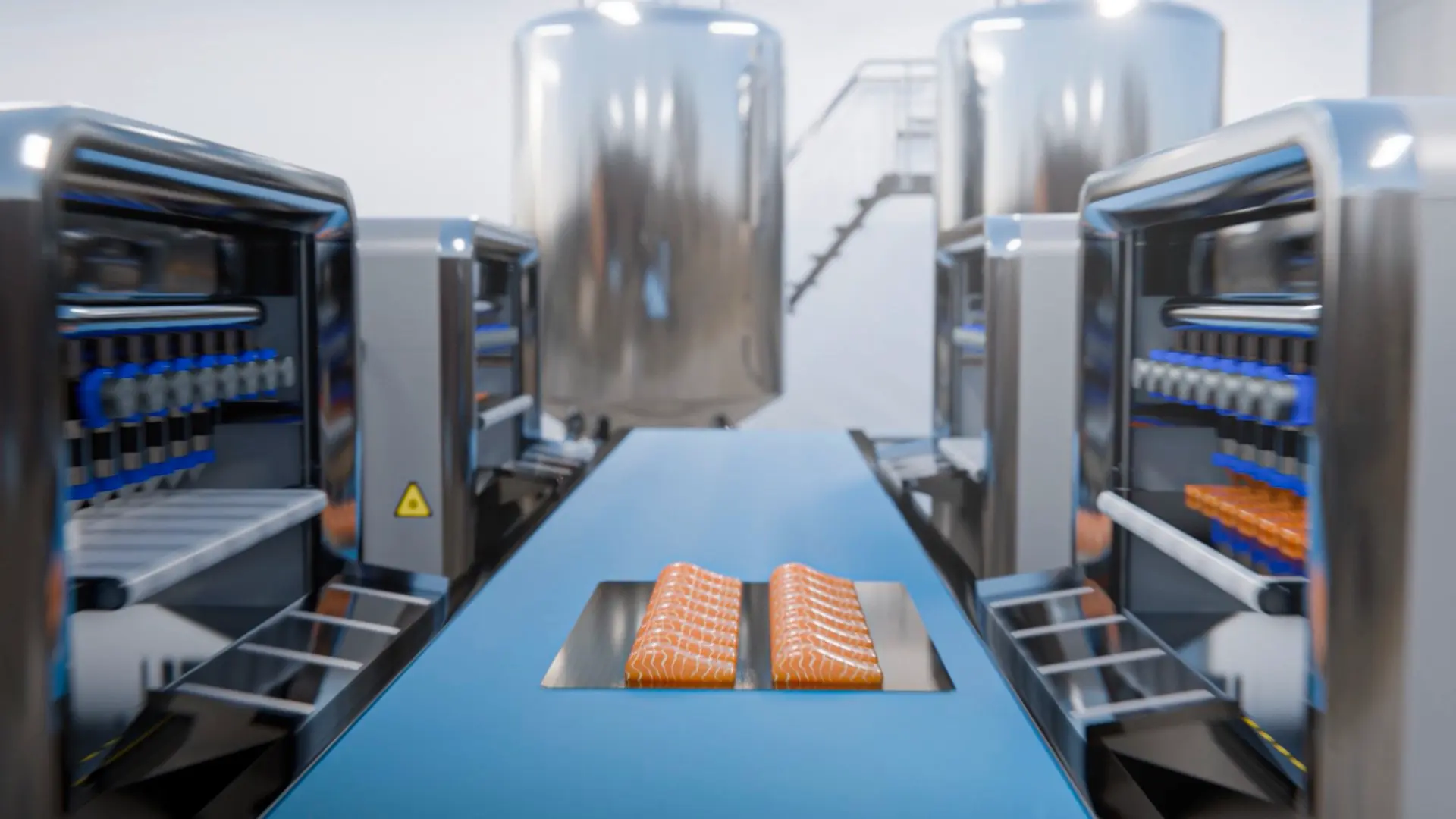 Rendering of production line with Food Fabricator X2 machines for Revo Foods 3d printed seafood alternatives