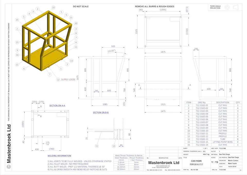 A technical drawing of a trencher Cab frame, by Mastenbroek