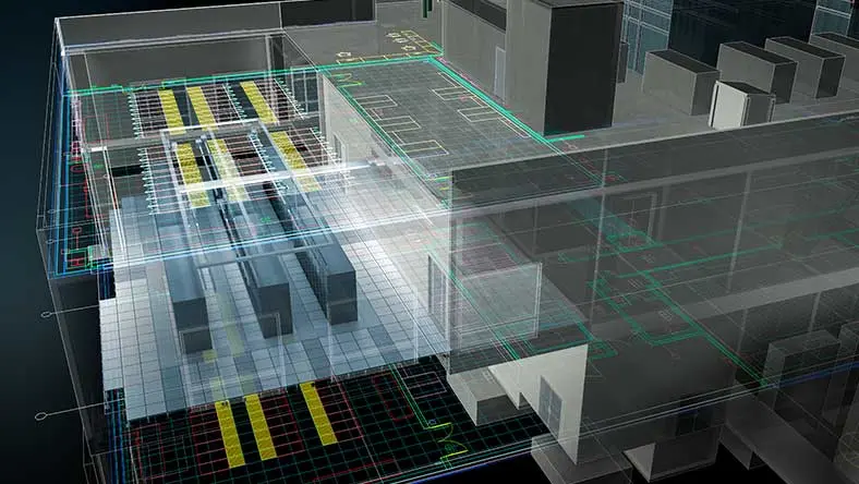 3D building visualization with 2D drafting and layout overlays