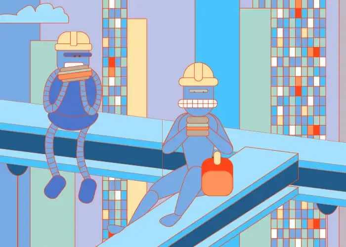 Illustration of robots sitting on scaffolding