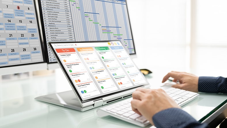 An office worker reviews project scheduling software.
