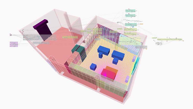 A rendered 3D design of a cityscape being built, including roads, waterways, buildings, and other infrastructure.