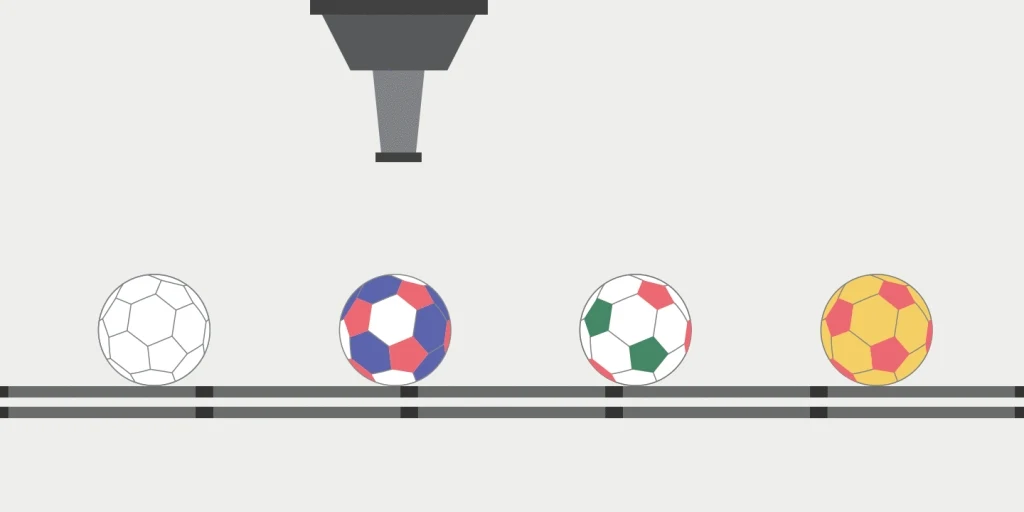 Illustration of soccer balls being painted on an assembly line