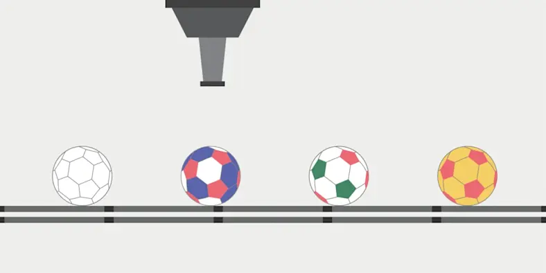 Illustration of soccer balls being painted on an assembly line