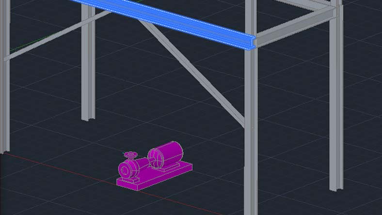 3D model showing a pump in magenta beneath a steel frame structure with beams and diagonal supports.