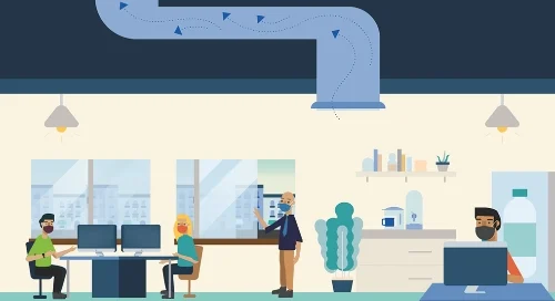 Illustration return to work workers in an office setting wearing masks and social distancing