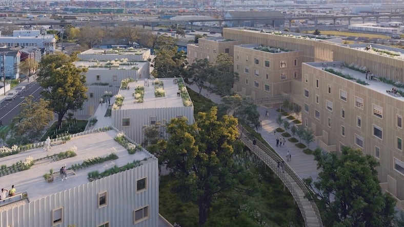 A rendering of a large urban housing complex highlights modern external finishes and sustainable materials