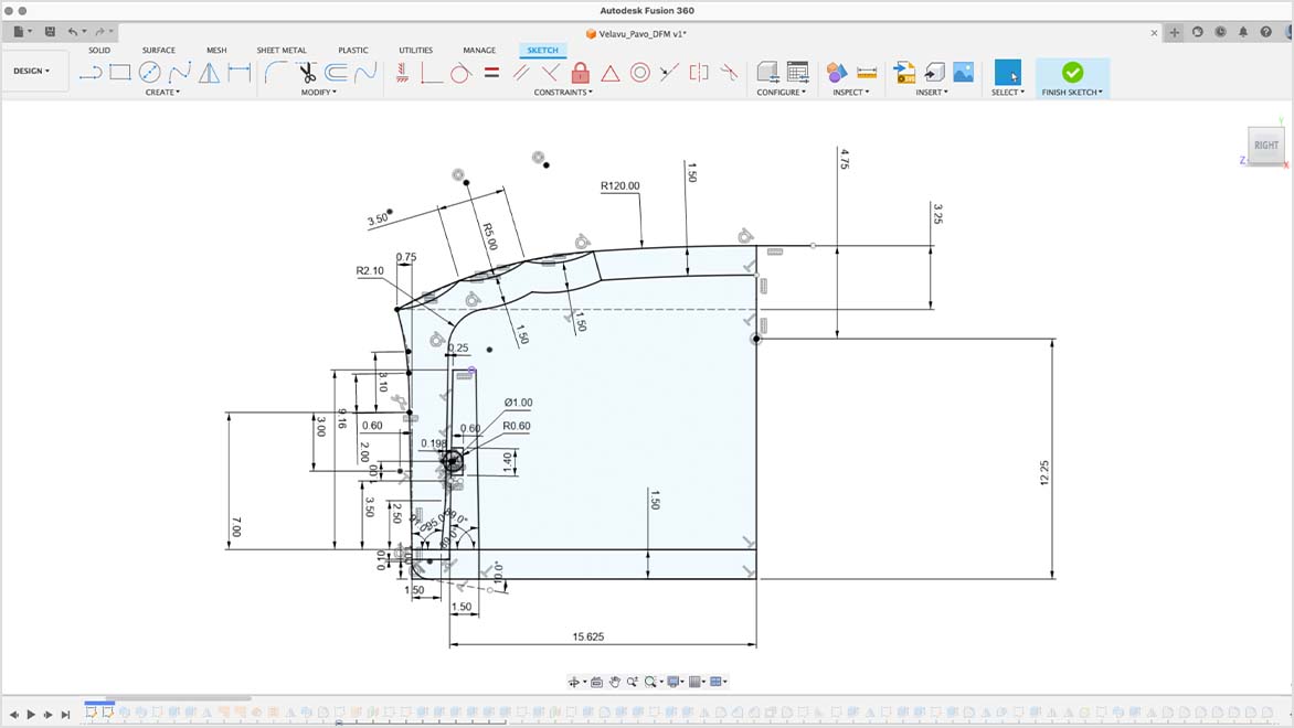 Sketch view of Velavu asset tracker in Autodesk Fusion