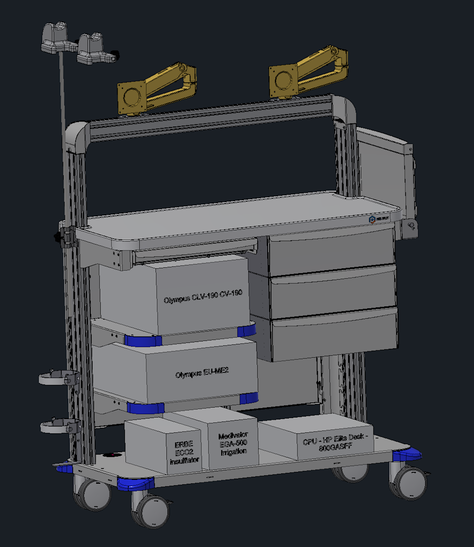 A model of an endoscopy cart is on a gray background.
