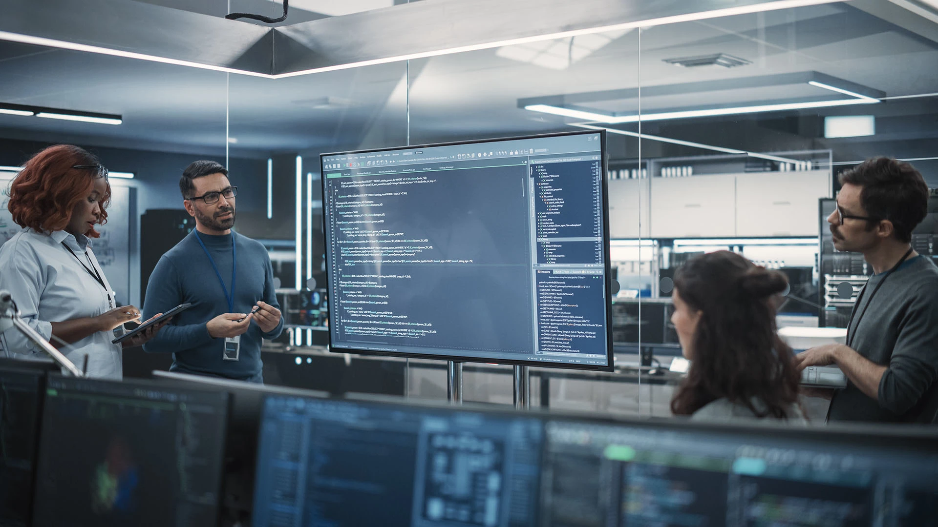Workers gather around a large screen displaying code.