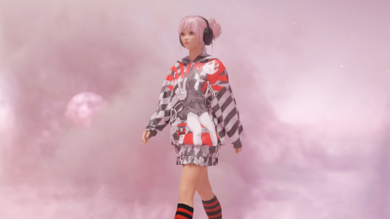 An 3D avatar of a young woman wearing a designer outfit with an anime-inspired print walks through a hazy pink atmosphere in a digital fashion show.