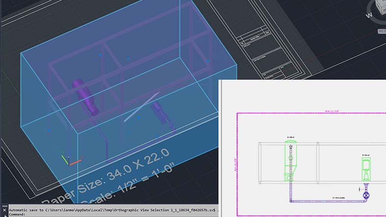 AutoCAD interface showing a 3D model in a blue box and a 2D orthographic view of mechanical components.