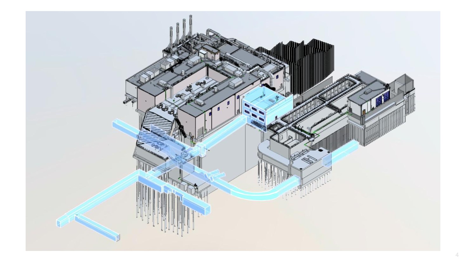 The coordinated 3D model brought new and existing infrastructure into one site view, helping the team plan around utility tunnels, outfalls, foundations, and operating facilities | Courtesy Burgess & Niple