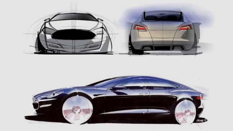 An illustration shows sketches of a sleek, black car from front, rear, and side views.