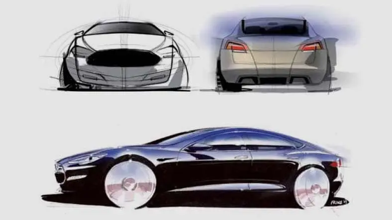An illustration shows sketches of a sleek, black car from front, rear, and side views.