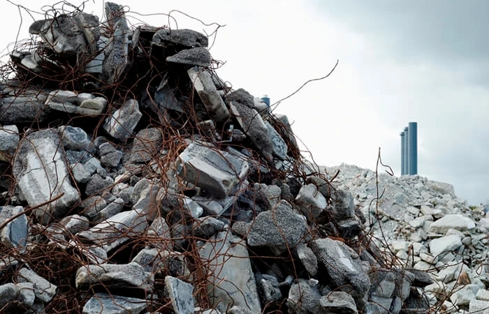 A pile of concrete construction waste