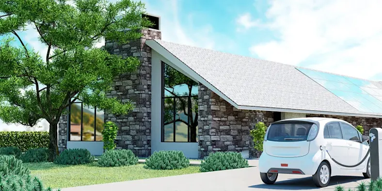 3D rendering of a residential home with low-carbon products including roof solar panels and an electric vehicle
