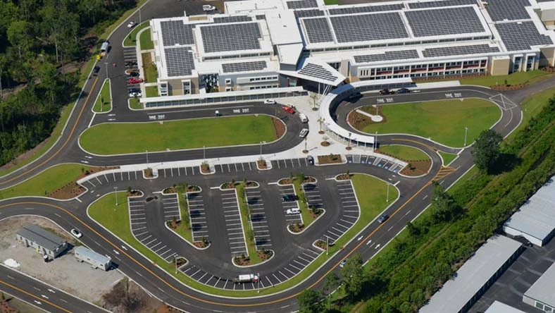 Aerial view of Socastee Elementary School solar panels on roff