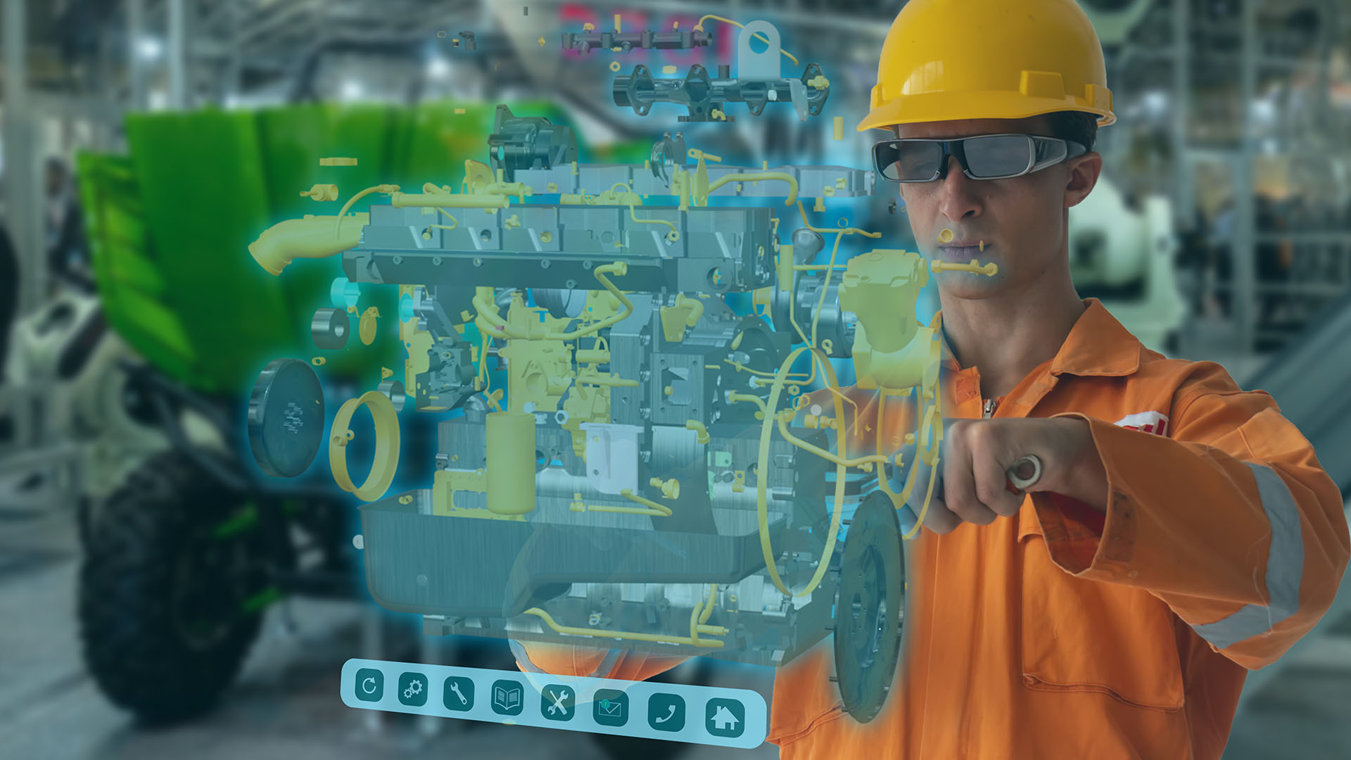 A man in a hard hat views a digital model of a machine part in a factory. 