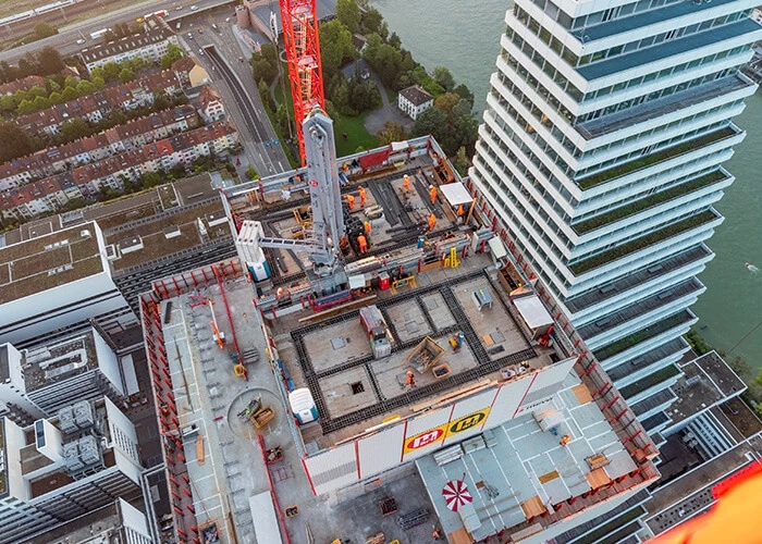 An aerial view of a building.