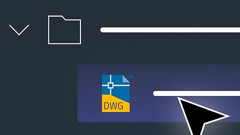 Cursor hovering over a DWG file icon with a folder icon above, on a dark interface background.