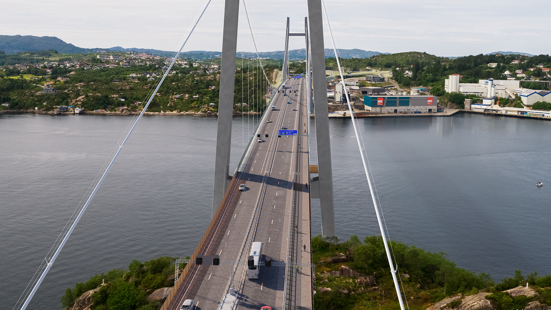  A head-on perspective rendering of a suspension bridge shows vehicles traveling across, with industrial buildings lining the waterfront.