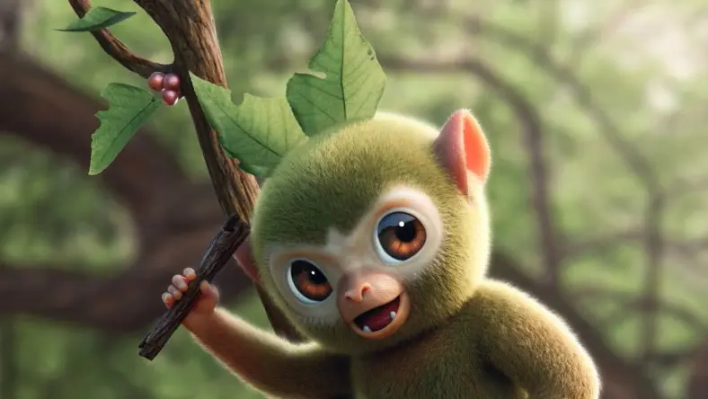 Animated character holding a leafy branch.