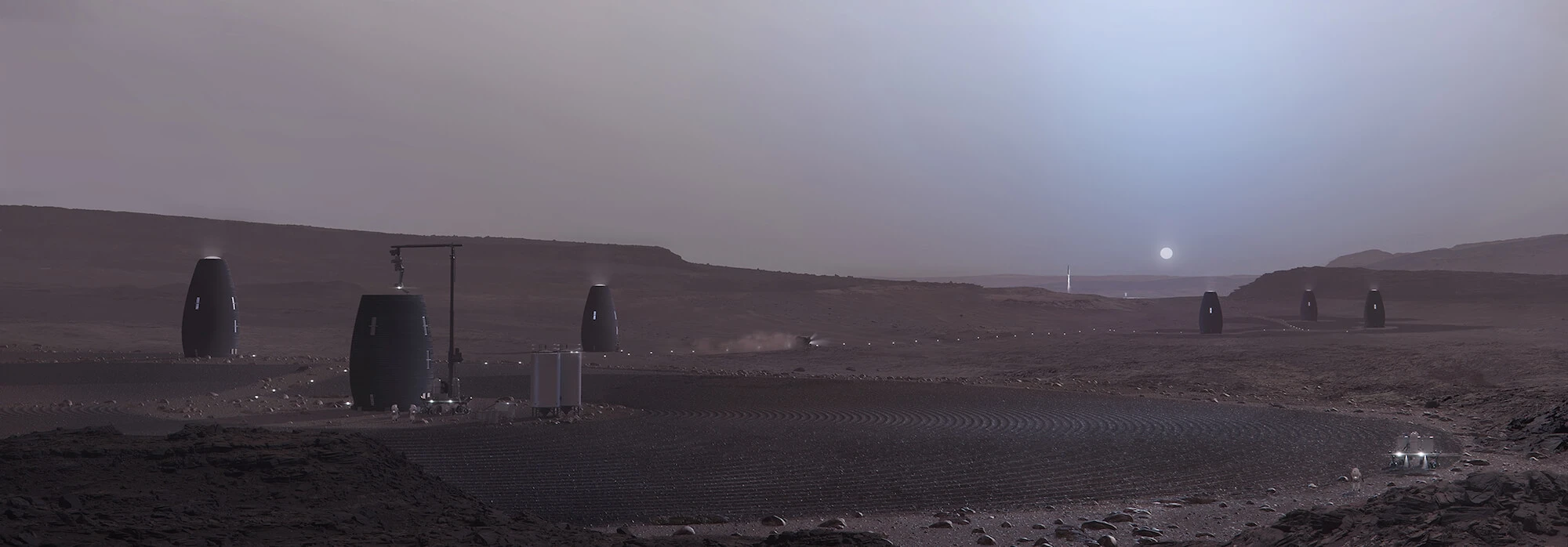 Rendering of Mars habitat robot harvests local materials for construction