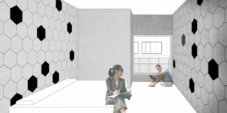 A rendering of an affordable upcycled interior wall insulation system designed by Washington State professors Taiji Miyasaka and Robert Richards.