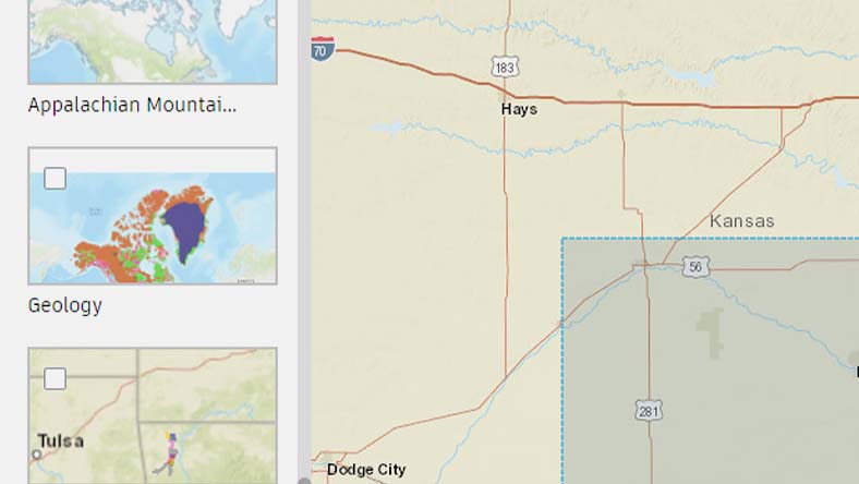 Map of Kansas showing Hays, Dodge City, and highways, with geology and Appalachian Mountain map layers on the left panel.