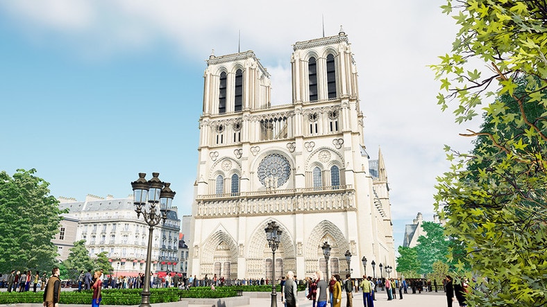 Digital 3D visualization of Paris' Notre Dame Cathedral.