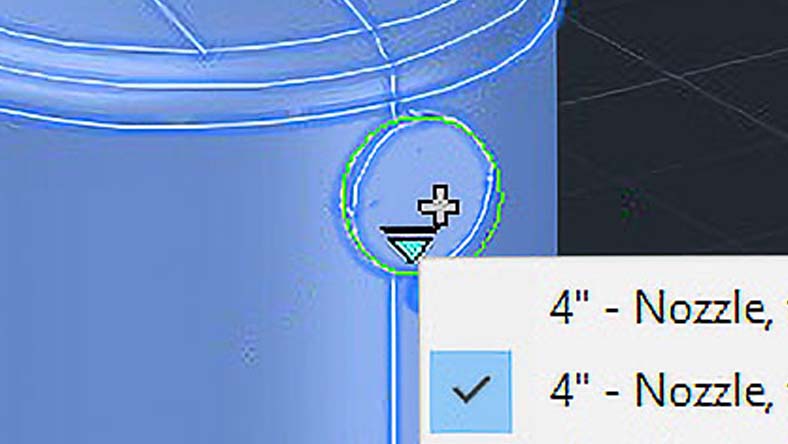 Close-up of a 3D model showing a highlighted nozzle with a dropdown menu displaying "4'' - Nozzle" options.