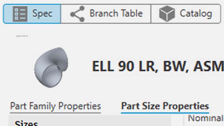 Closeup of a software interface showing part properties with tabs for Spec, Branch Table, and Catalog.