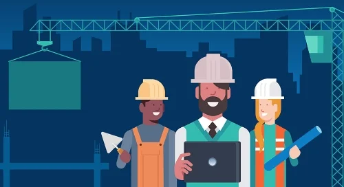 Construction workers smile with their tools.