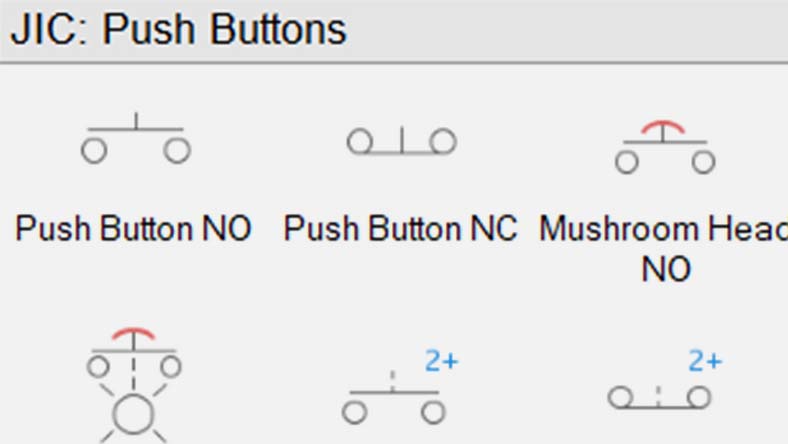 Diagram showing JIC symbols for push buttons with lines and circles representing electrical contacts.