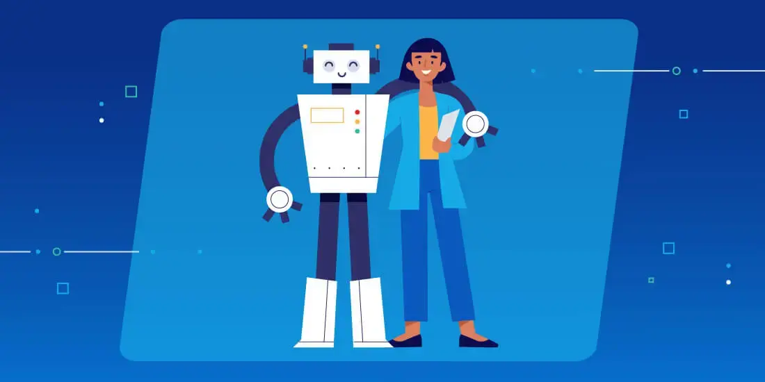 In einer Illustration stehen ein Arbeiter und ein Roboter zusammen.