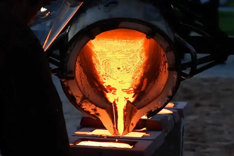 Molten metal is poured into molds in the metal casting process.