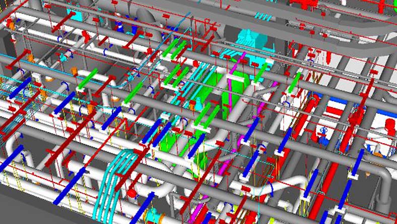 A complex 3D building model showing detailed MEP systems, including pipes, ducts, and wiring in various colors.